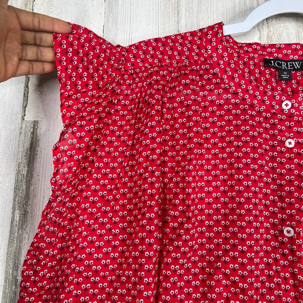 J.Crew Womens 3X Red Floral Button Front Flutter Sleeve Cotton Voile Blouse Top - Picture 5 of 7